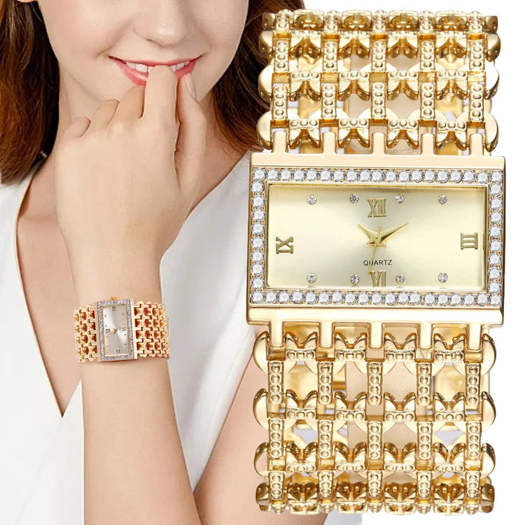 Orologio al quarzo da donna in oro nobile di lusso, orologio da donna con cinturino scheletrato, orologio completo platinumshop
