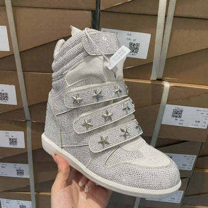 Women Rhinestone High Top Sneakers Hidden Wedge Heel Shoes Star Decor Hook & Loop Fashion Platform Ankle Boots