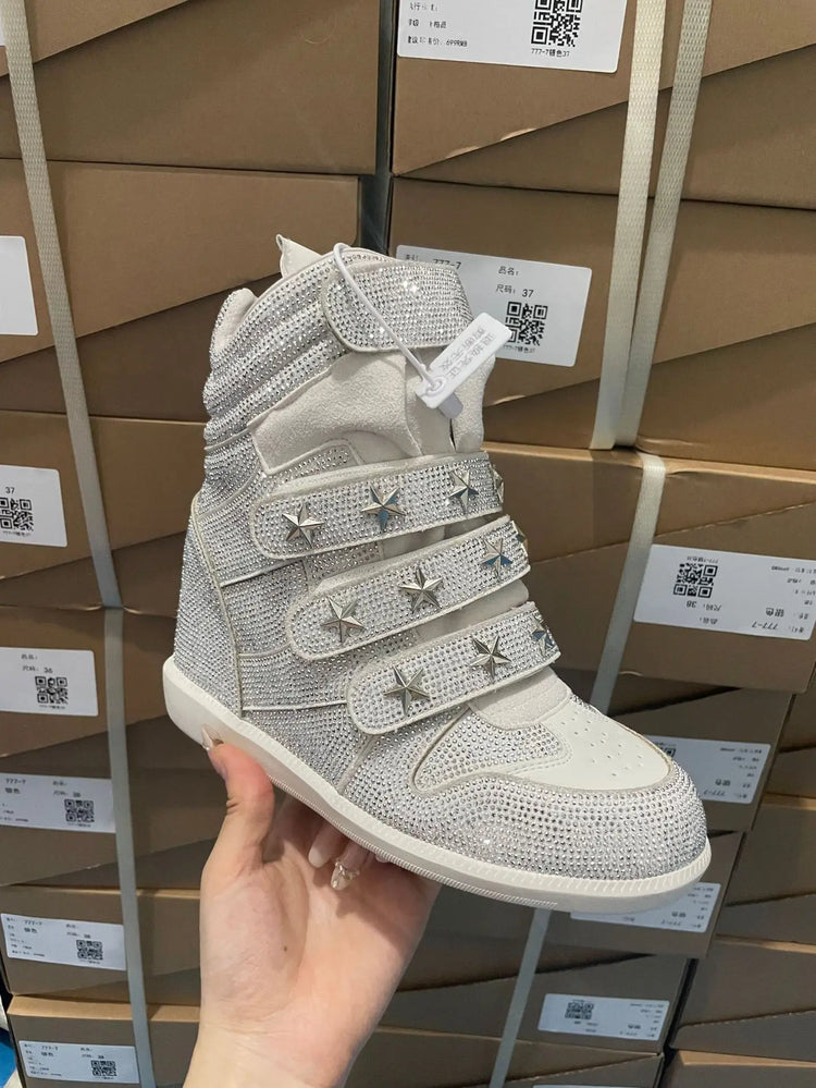 Women Rhinestone High Top Sneakers Hidden Wedge Heel Shoes Star Decor Hook & Loop Fashion Platform Ankle Boots
