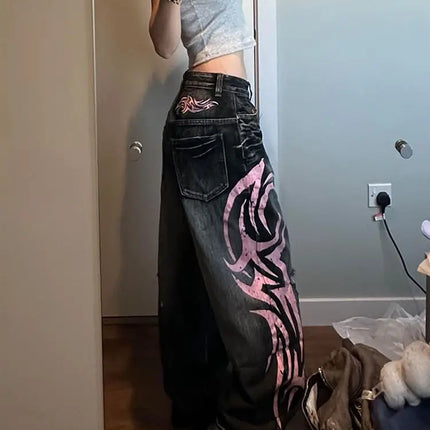 Women's Denim Jeans Wide Leg Long Pants High Waist Straight Hole Pants Y2k Streetwear Print Mom Jeans Casual Loose 2025