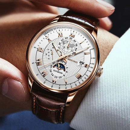 Orologio da uomo di lusso cronografo impermeabile modello fasi lunari orologio da polso da uomo luminoso in pelle orologi al quarzo da uomo orologio Casual platinumshop