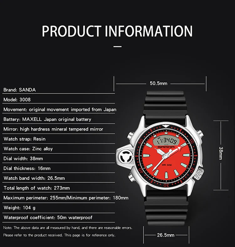 SANDA Sport orologio digitale al quarzo da uomo orologi subacquei creativi orologio da uomo con allarme impermeabile orologio con doppio Display Relogio Masculino platinumshop