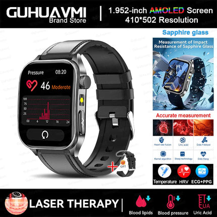 2025 Trattamento laser Tre Smartwatch alti 1.95 "Schermo curvo in zaffiro ECG + PPG Grasso nel sangue Acido urico Diagnosi salute Smartwatch platinumshop