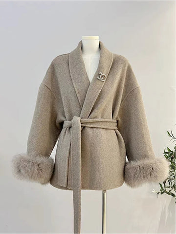ZADORIN Luxury Real Fox Fur Wool Coat For Woman Elegant Double Faced Wool Jacket With Detachable Fur Cuffs Winter Clothes Woman