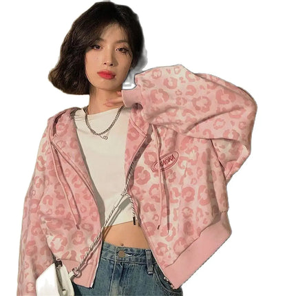 Cool Pink Leopard Print Hoodie Sweatshirt Women Spring Autumn Punk Hoodies Tops Females Outwear Clothes Zip Up Crop Tops Girl