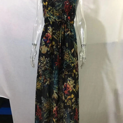 Abito da spiaggia da donna senza schienale con allacciatura Abito da spiaggia sexy con scollo a V Boho Abiti lunghi estivi Elegante stampa senza maniche Lady Maxi Dress Vestidos