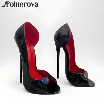Décolleté peep toe da 16 cm Scarpe da donna sexy con tacco alto in pelle verniciata nera Fodera rossa Tacchi a spillo moda Personalizzazione fatta a mano platinumshop