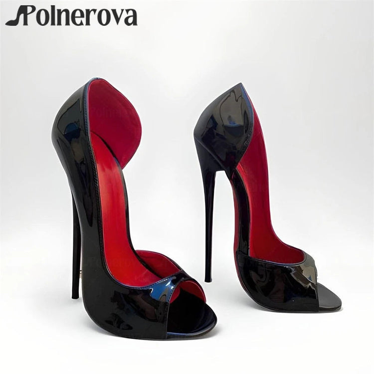 Décolleté peep toe da 16 cm Scarpe da donna sexy con tacco alto in pelle verniciata nera Fodera rossa Tacchi a spillo moda Personalizzazione fatta a mano platinumshop