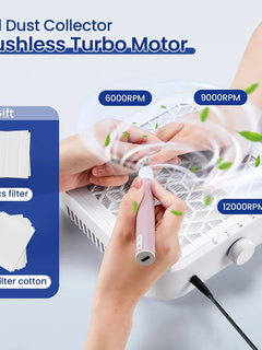 12000RPM Nail Dust Collector Brushless Turbo Vacuum Cleaner Strong Suction Nail Dust Extractor Machine for Acrylic Gel Nail Filing Dust Removal