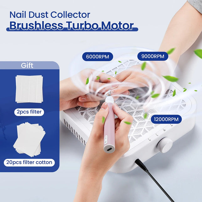 12000RPM Nail Dust Collector Brushless Turbo Vacuum Cleaner Strong Suction Nail Dust Extractor Machine for Acrylic Gel Nail Filing Dust Removal