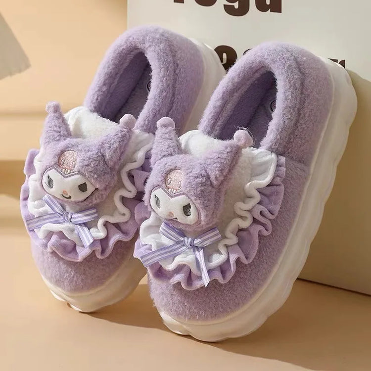 Women Cute Cartoon Plush Slippers Ruffled Lace Bow Warm Fuzzy Thick Non-Slip Sole Winter Indoor Bedroom Cozy House Shoes Girls