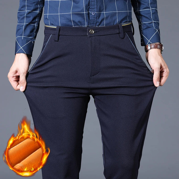 Winter Warm Mens Fleece Suit Pants Business Office Straight Formal Thicken Casual Pants Elastic Classic Velvet Thermal Trousers