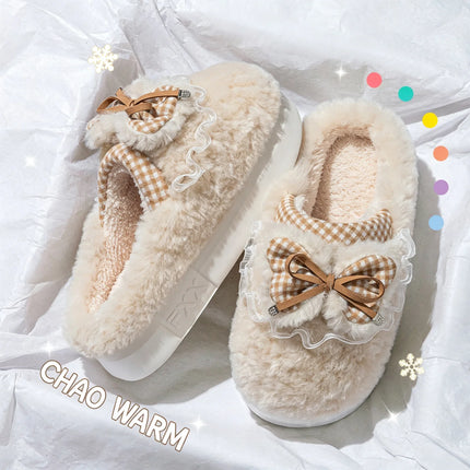 Kawaii Winter Warm Cotton Slippers Women Plaid Bowknot Lace Ruffle Plush Thick Platform Non-Slip Indoor Casual Shoes