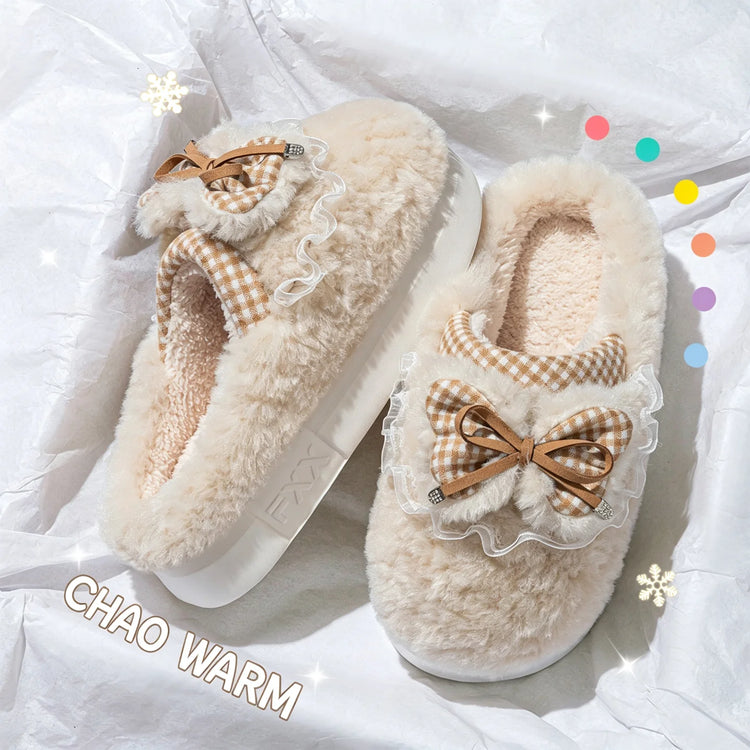Kawaii Winter Warm Cotton Slippers Women Plaid Bowknot Lace Ruffle Plush Thick Platform Non-Slip Indoor Casual Shoes