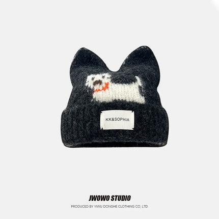 Cute Cartoon Kitten Ear Woolen Cap for Women Warm Cold-proof Autumn Winter Puppy Pattern Knitted Hat Fashion Sweet Crochet hats
