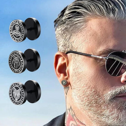 Orecchini a bottone con rune vichinghe norvegesi gotiche per uomo Ragazzi Rock Punk Acciaio inossidabile Testa di lupo Bussola Nodo celtico Orecchini neri Regalo platinumshop