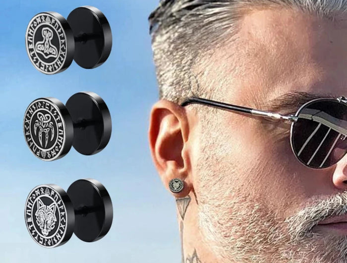 Orecchini a bottone con rune vichinghe norvegesi gotiche per uomo Ragazzi Rock Punk Acciaio inossidabile Testa di lupo Bussola Nodo celtico Orecchini neri Regalo platinumshop
