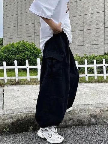 Japanese Vintage Baggy Cargo Pants Men Cotton Wide leg Oversize Multi-Pocket Y2k Casual Long Trousers Sport Jogging Sweatpants