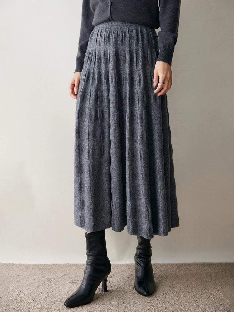 Women Cashmere Skirt A-Line Jacquard Elastic Waist Flared Skirt Autumn Winter 100% Cashmere Knitted Office Lady Curled Hem Dress PlatiNum