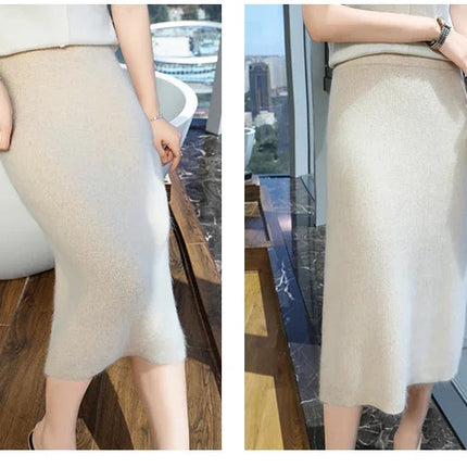Quality Mink Cashmere Skirt Women's High Waist Slim Hip Skirt Chinese Cheongsam Knit Skirt Fashion All-Match Sweater PlatiNum
