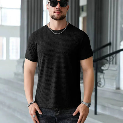 2025 New Men's Casual Short Sleeved Bone Flower Solid Color O-neck T-shirt Fashion Breathable Comfortable Summer Versatile Top PlatiNum