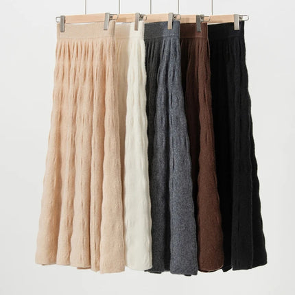 Women Cashmere Skirt A-Line Jacquard Elastic Waist Flared Skirt Autumn Winter 100% Cashmere Knitted Office Lady Curled Hem Dress PlatiNum