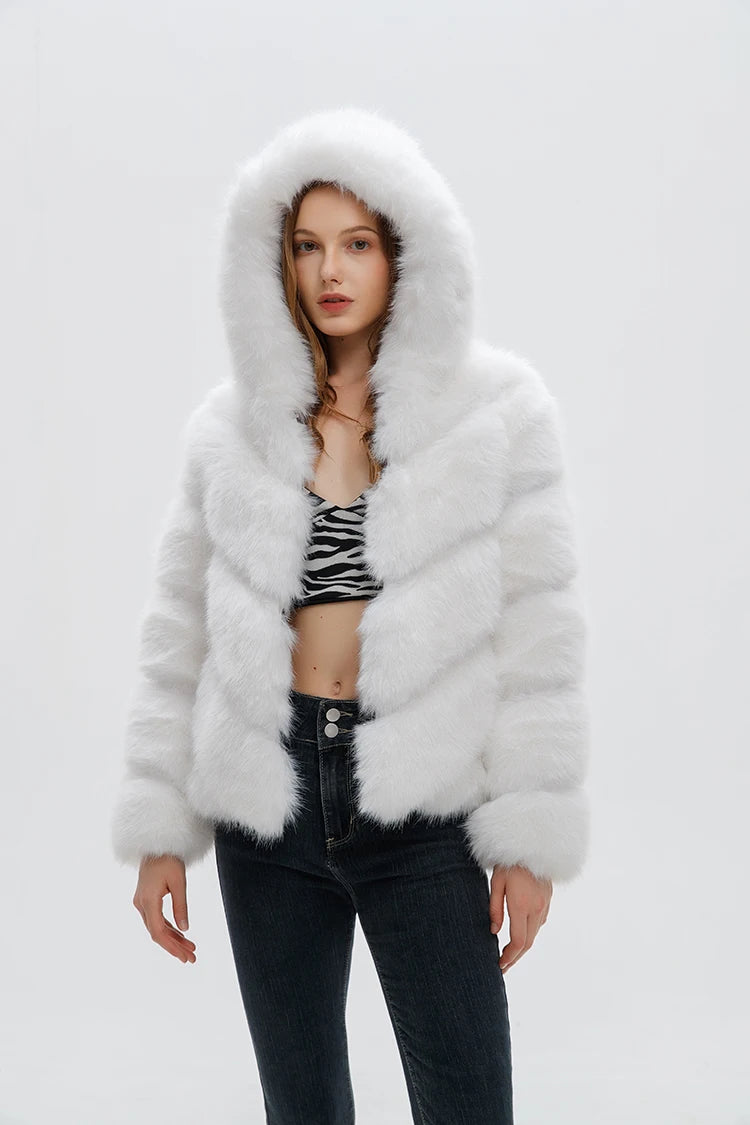 ZADORIN Fashion Hooded Splicing Fluffy Jacket Women Winter Long Sleeve White Faux Fur Coat Woman Clothing New in Coats & Jackets