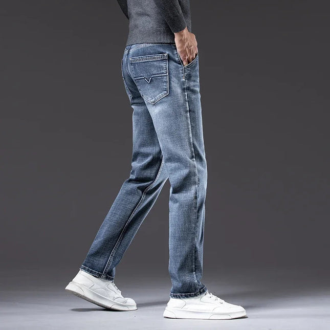 Autumn Men's Business Straight Fit Jeans Vintage Blue Smoke Gray Stretch Trousers Soft Comfortable Fabric Denim Pants Male PlatiNum