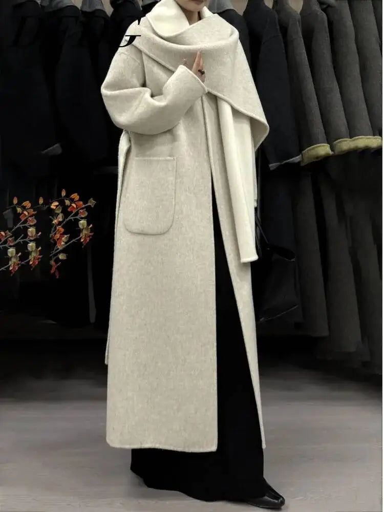 DFDG Woman's Cowl-neck Pure Color Versatile Patchwork Two-color Design 2025 Spring New Style Loose High-quality Long Coat