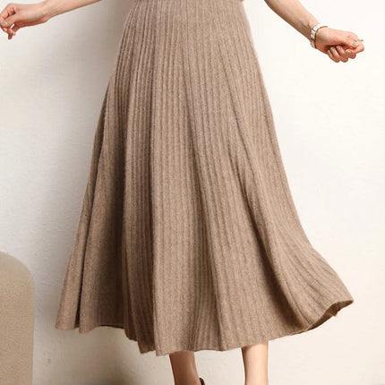 New Chic Pleated Skirts Woman Slimming Umbrellas Autumn Winter 100% Cashmere Knitted Long Skirt Solid Color Basics Woman Clothes PlatiNum