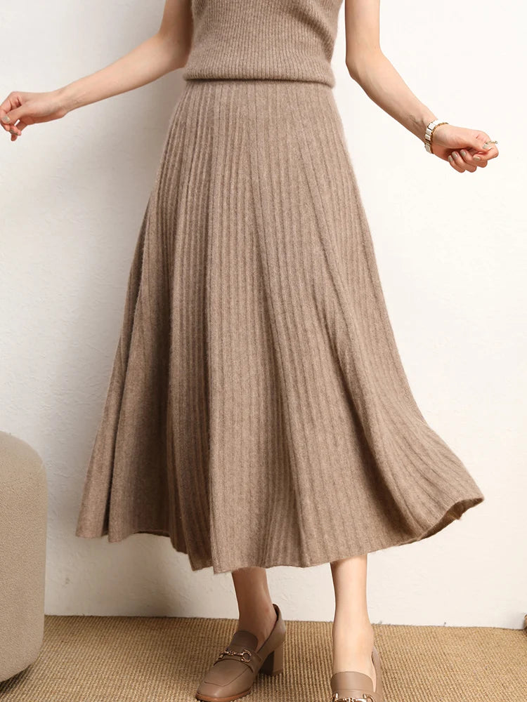 New Chic Pleated Skirts Woman Slimming Umbrellas Autumn Winter 100% Cashmere Knitted Long Skirt Solid Color Basics Woman Clothes PlatiNum