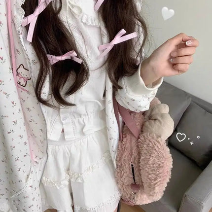 Y2k Hoodies Green Kawaii Cat Floral Print Hooded Zip-up Woman Sweatshirts Pink Thin Jacket Spring Fall Clothes Cute Streetwear