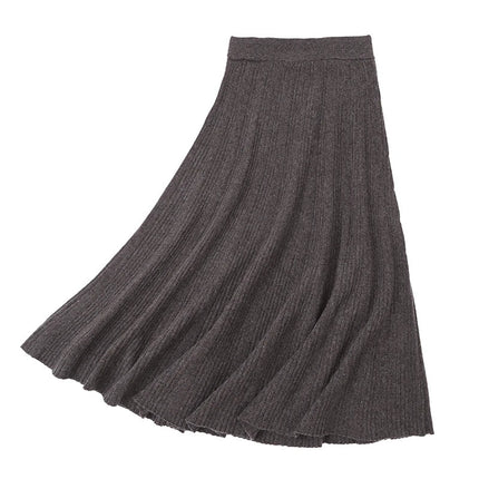 Women's 35% Cashmere 65% Wool Thickened Elastic-Waist Solid-Color Pleated Skirt, Warm & Slim-Fit PlatiNum