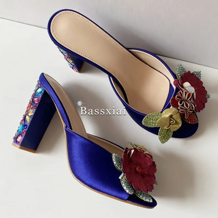Sandali con tacco alto da donna estivi in seta blu con strass colorati e decorazioni a nodo a farfalla in cristallo per ragazze