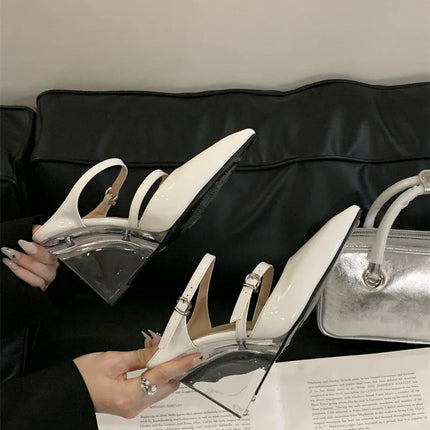 Liyke New Fashion Transparent Wedge Slippers Women Pumps Patent Leather Pointed Toe Buckle Strap Designer High Heels Mules Shoes PlatiNum