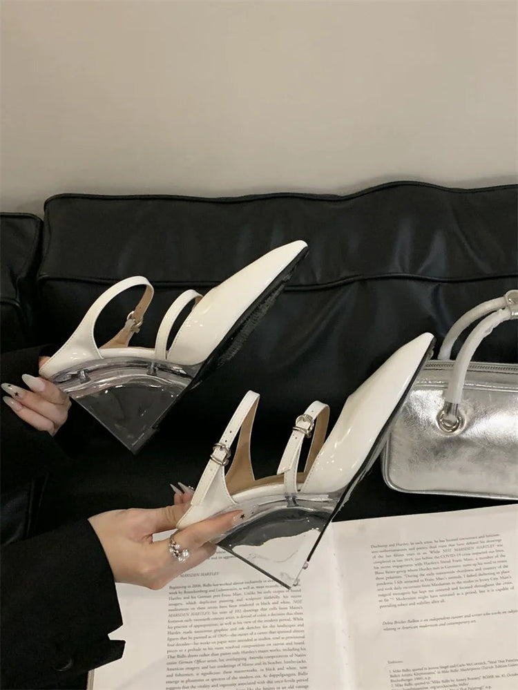 Liyke New Fashion Transparent Wedge Slippers Women Pumps Patent Leather Pointed Toe Buckle Strap Designer High Heels Mules Shoes PlatiNum
