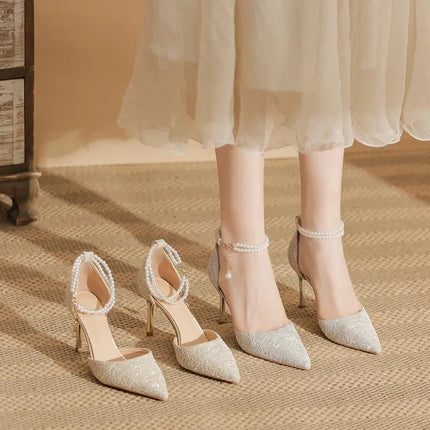 Size 31-43 Women High Heels Stiletto Heel Summer Lace Mesh Sweet Gold Silver Wedding Shoes PlatiNum