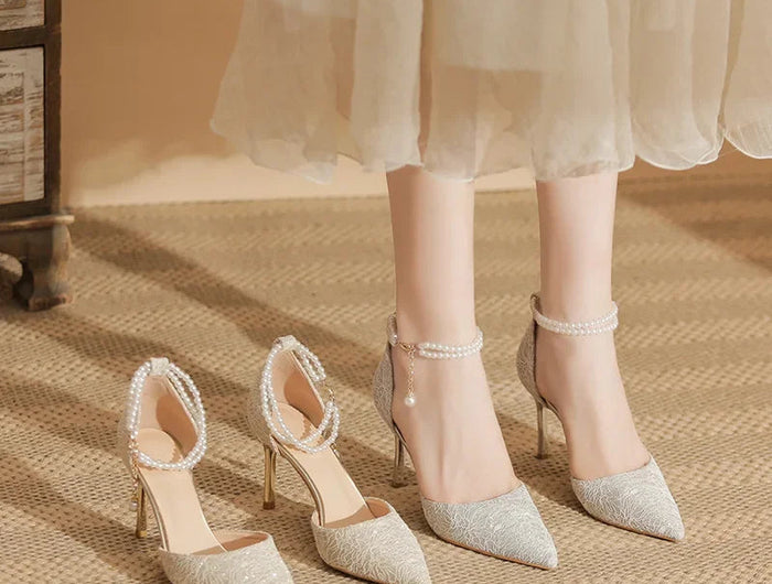 Size 31-43 Women High Heels Stiletto Heel Summer Lace Mesh Sweet Gold Silver Wedding Shoes PlatiNum
