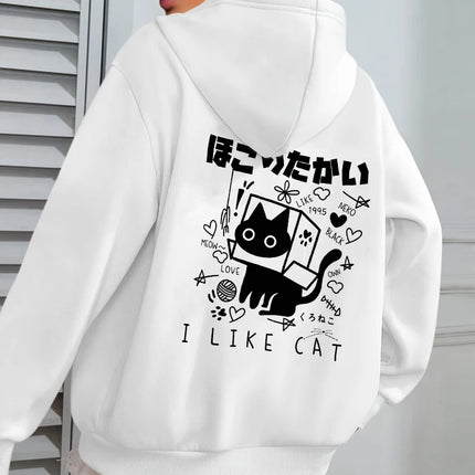 I Like Cat Heart Box Cat Print Women Hoody Autumn Fleece Hoodies Jogging Loose Streetwear Casual All-Match Female Hoodie