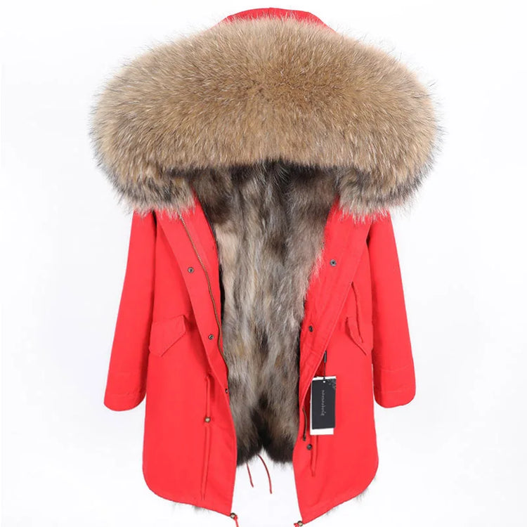 Winter Long Jacket Real Fur Coat Women Clothes Large Silver Fox Fur Collar Detachable Natural Fox Lining Parkas Leather Fur