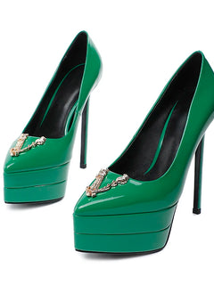 2024 Summer runway sexy party women's high heels 15CM metal buckle patent leather luxury brand point