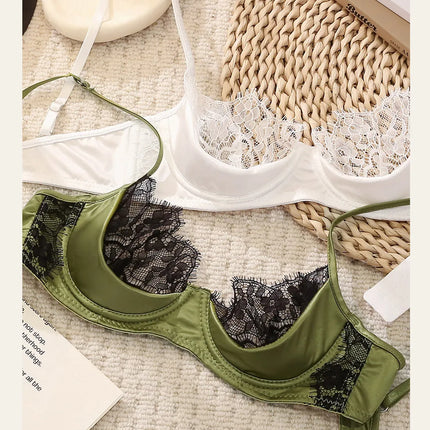 MOYISU No‑Wire French Lace Half‑Cup Bra Set Women Ultra‑Thin Transparent Green Lingerie, Daily Brassiere 32‑38 AB for Small Bust