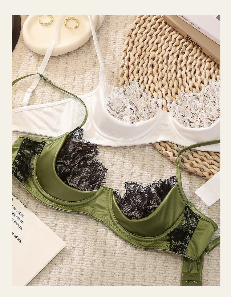 MOYISU No‑Wire French Lace Half‑Cup Bra Set Women Ultra‑Thin Transparent Green Lingerie, Daily Brassiere 32‑38 AB for Small Bust