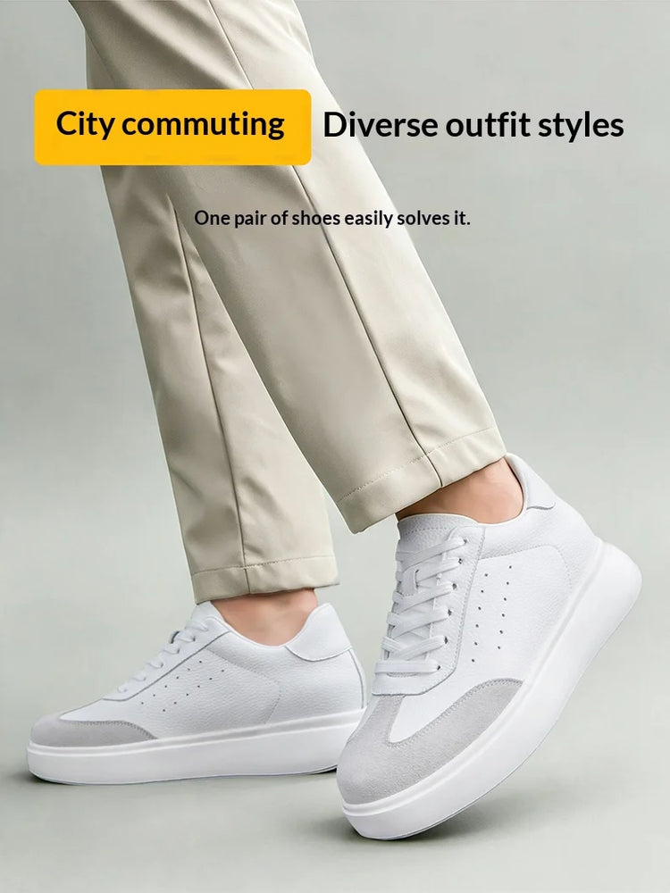 7CM Invisible Height Elevator Shoes for Men Breathable Comfort Leather Casual Sneakers Thick Platform Sole Lace Up Lift Sports