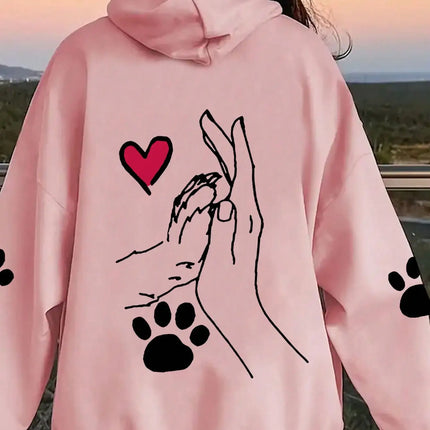 Ladies' Casual and Elegant Polyester Hoodie with Dog and Heart-Shaped Paw Prints, Hoodie, Animal Pattern