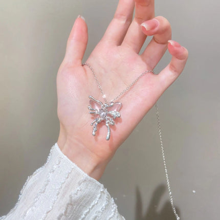 Y2K Sweet Cool Liquid Pink Butterfly Pendant Necklace Female Pink Zircon Water Drop Versatile Necklace Summer New Jewelry PlatiNum