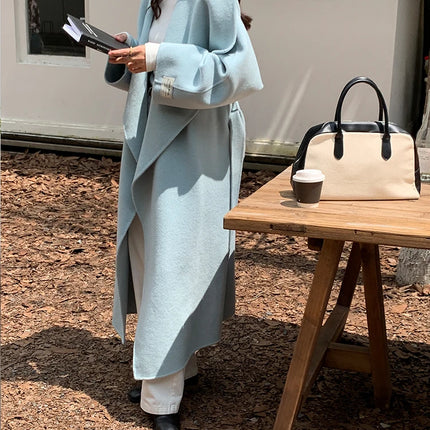 High-end Women Double-sided Wool Long Coat Warm Baby Blue Lapel Loose Double Breasted Wool Coat Female Fashion Autumn Winter