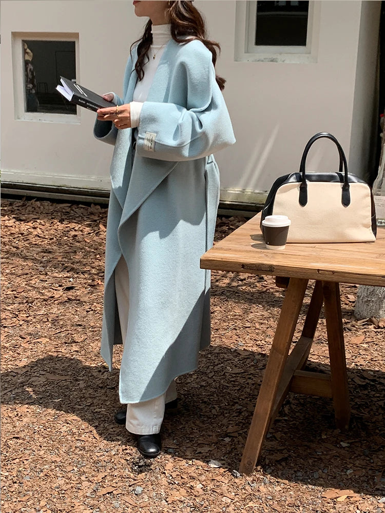 High-end Women Double-sided Wool Long Coat Warm Baby Blue Lapel Loose Double Breasted Wool Coat Female Fashion Autumn Winter
