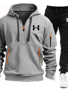 Men new autumn and winter multi-pocket zipper long-sleeved hoodie + sports and leisure pants two-piece fitness jogging suit