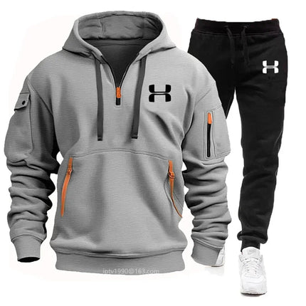 Men new autumn and winter multi-pocket zipper long-sleeved hoodie + sports and leisure pants two-piece fitness jogging suit PlatiNum